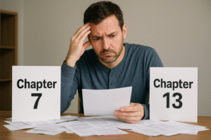  A person looking confused at bills or paperwork about what to choose Chapter 7 or 13 