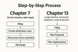 Side-by-side flow chart to skim both processes. Chapter 7 = short timeline, debt wiped. Chapter 13 = longer timeline, structured repayment, asset protection.