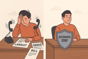 1 stressed person sitting at a desk surrounded by ringing phones, bills, and “lawsuit” papers and the 2nd relaxed person with a shield shows that automatic stay power 