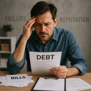 A San Diego business owner looking stressed while revealing his bills and debt list but also has fear of filing bankruptcy coz of failure and reputation 