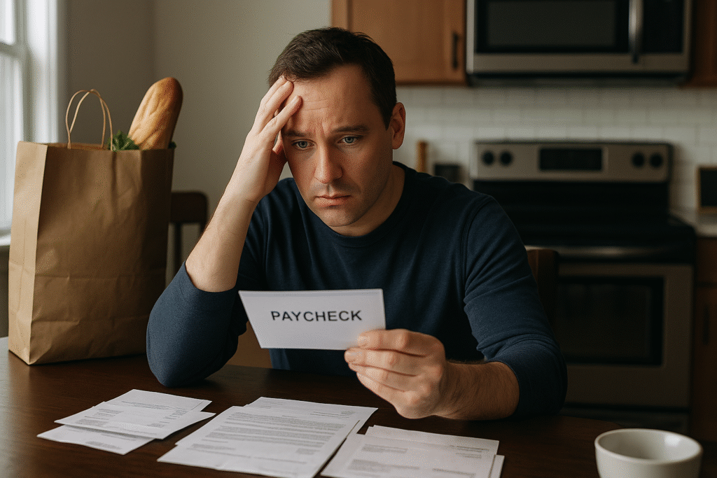A San Diego worker sitting at the dinner table, holding their paycheck with a worried face, while bills and a half-filled grocery bag sit nearby showing the real fear of not being able to cover rent, food, or daycare because of garnishment.