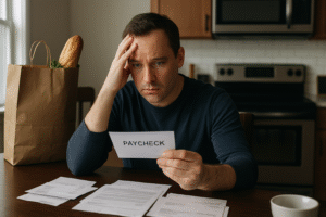 A San Diego worker sitting at the dinner table, holding their paycheck with a worried face, while bills and a half-filled grocery bag sit nearby showing the real fear of not being able to cover rent, food, or daycare because of garnishment.