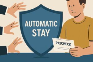  An image of a shield with the words Automatic Stay blocking creditors' hands from reaching into a worker’s paycheck (highlighting the protection) 