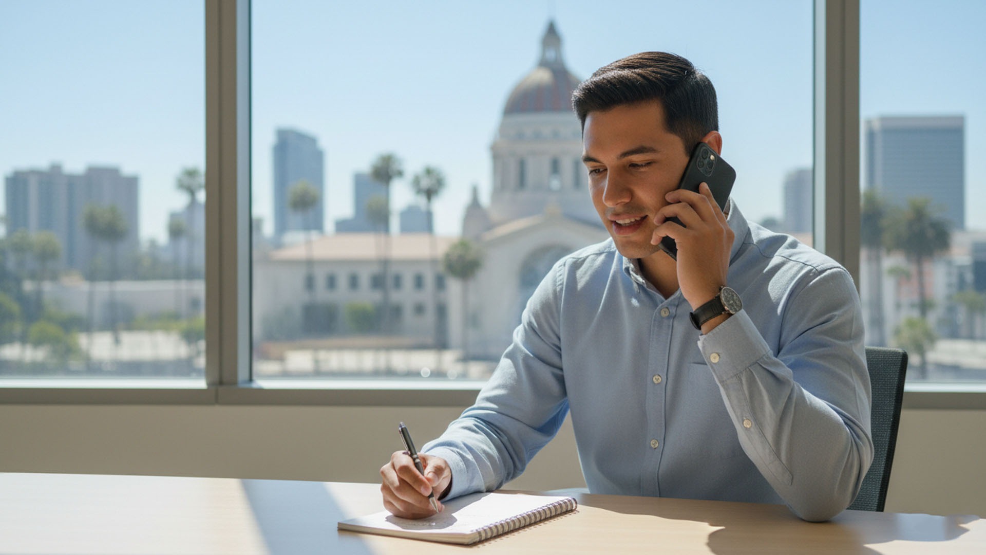 Person confidently on phone taking notes suggests taking action with empowered expression, San Diego visible in background…shows that immigrant taking first step by consulting with bankruptcy attorney