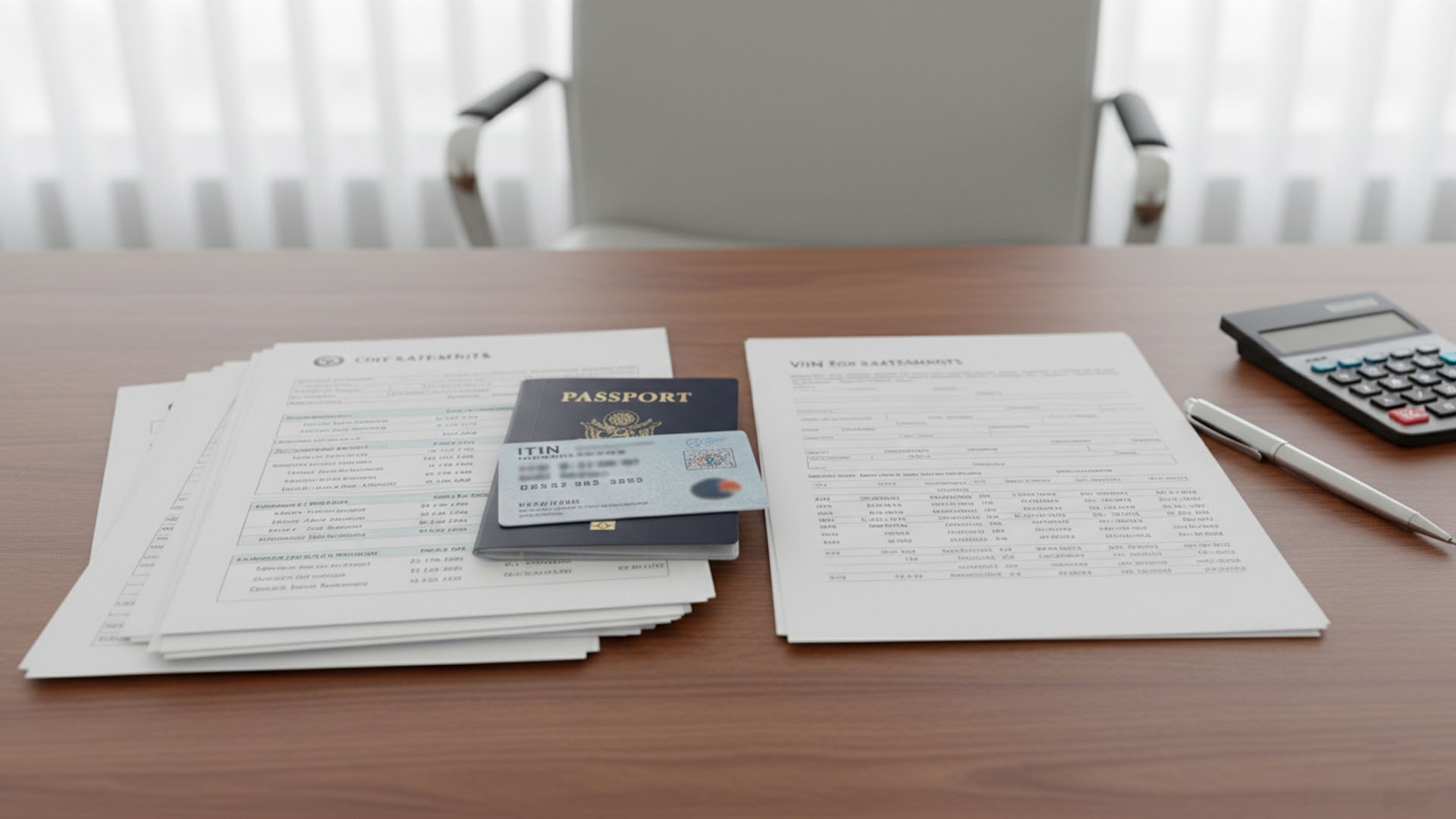 Required documents for non-citizens filing bankruptcy in San Diego including. Documents laid out on desk - organized and professional, looks like ITIN card mockup