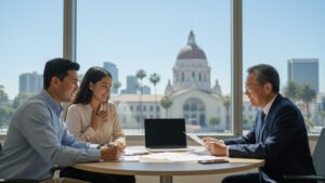 San Diego immigrants reviewing bankruptcy options with city courthouse in background, highlights Non-citizen feeling relieved after learning bankruptcy won't affect immigration status