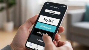Close-up of a phone screen at online checkout showing “Pay in 4 with Klarna / Afterpay / Affirm.