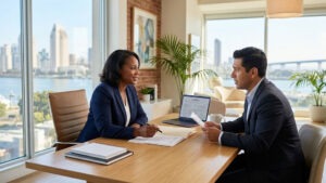 Friendly attorney of Sandiegobk meeting with a client in a modern San Diego office setting.