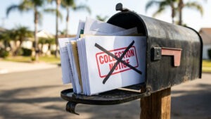 Mailbox with unopened bills and a bold “Collection Notice” stamp crossed out.