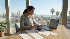 San Diego resident reviewing credit card bills and living expenses at home