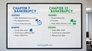 Chapter 7 vs chapter 13 bankruptcy comparison, California eligibility, and benefits