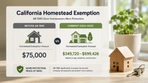 California homestead exemption comparison chart showing AB 1885 increase from $75,000 to up to $699,426 for San Diego homeowners