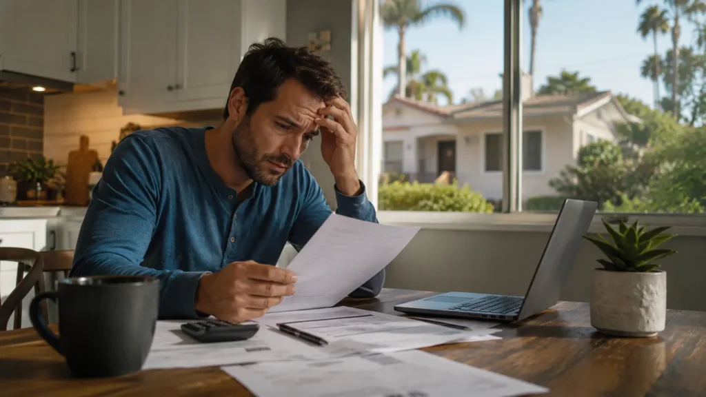 San Diego homeowner reviewing mortgage documents after filing bankruptcy, considering whether they can keep their house