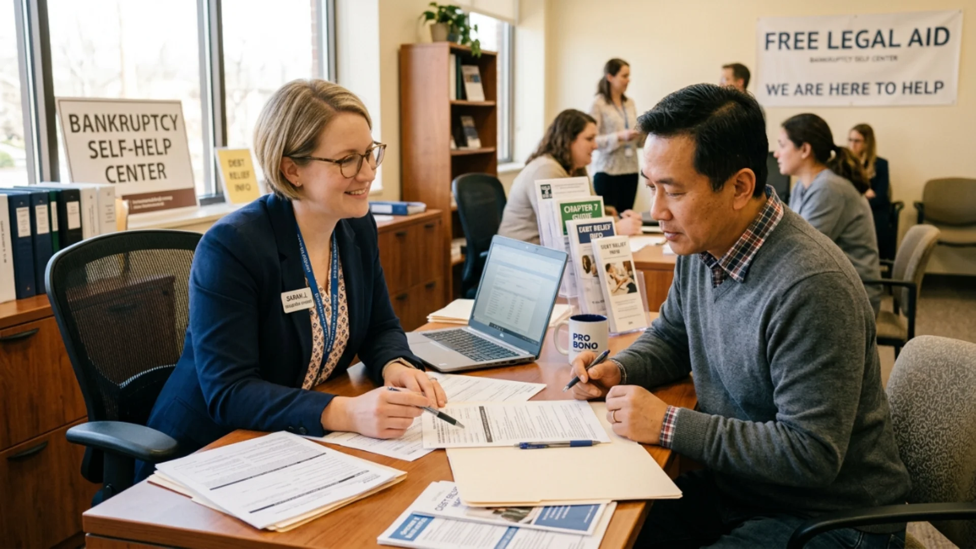 Bankruptcy self-half center Volunteer legal advisor meeting with a person reviewing bankruptcy documents.