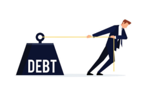 Illustration of a man struggling to pull a heavy weight labeled debt. Concept image representing financial pressure, bankruptcy, and overwhelming debt burdens.