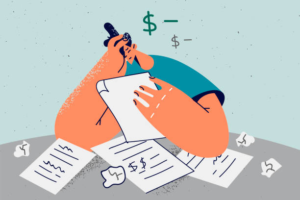 Illustration of a stressed person reviewing bills and financial paperwork. Concept image showing debt, unpaid expenses, and financial hardship.