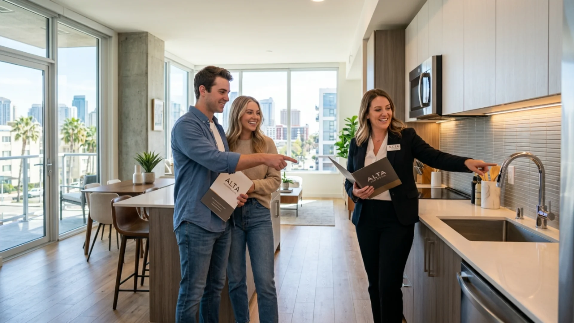 Couple touring a rental apartment in San Diego after bankruptcy