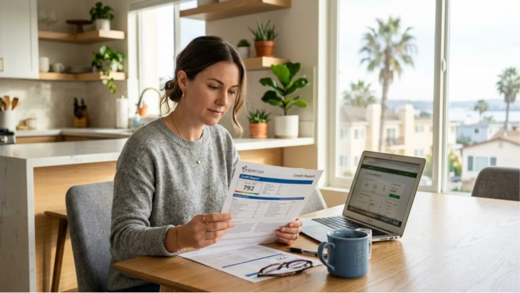 San Diego resident reviewing credit report after bankruptcy filing