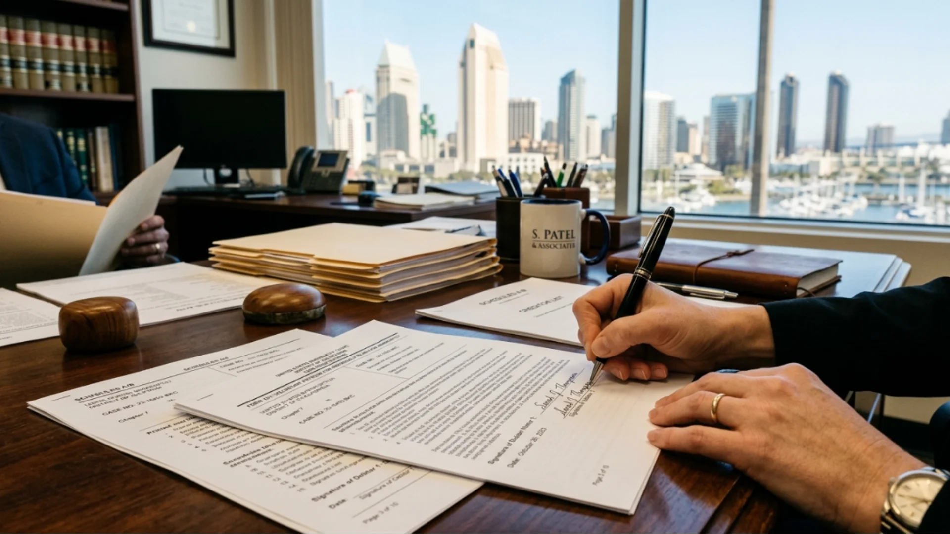Signing bankruptcy filing paperwork at a San Diego law office