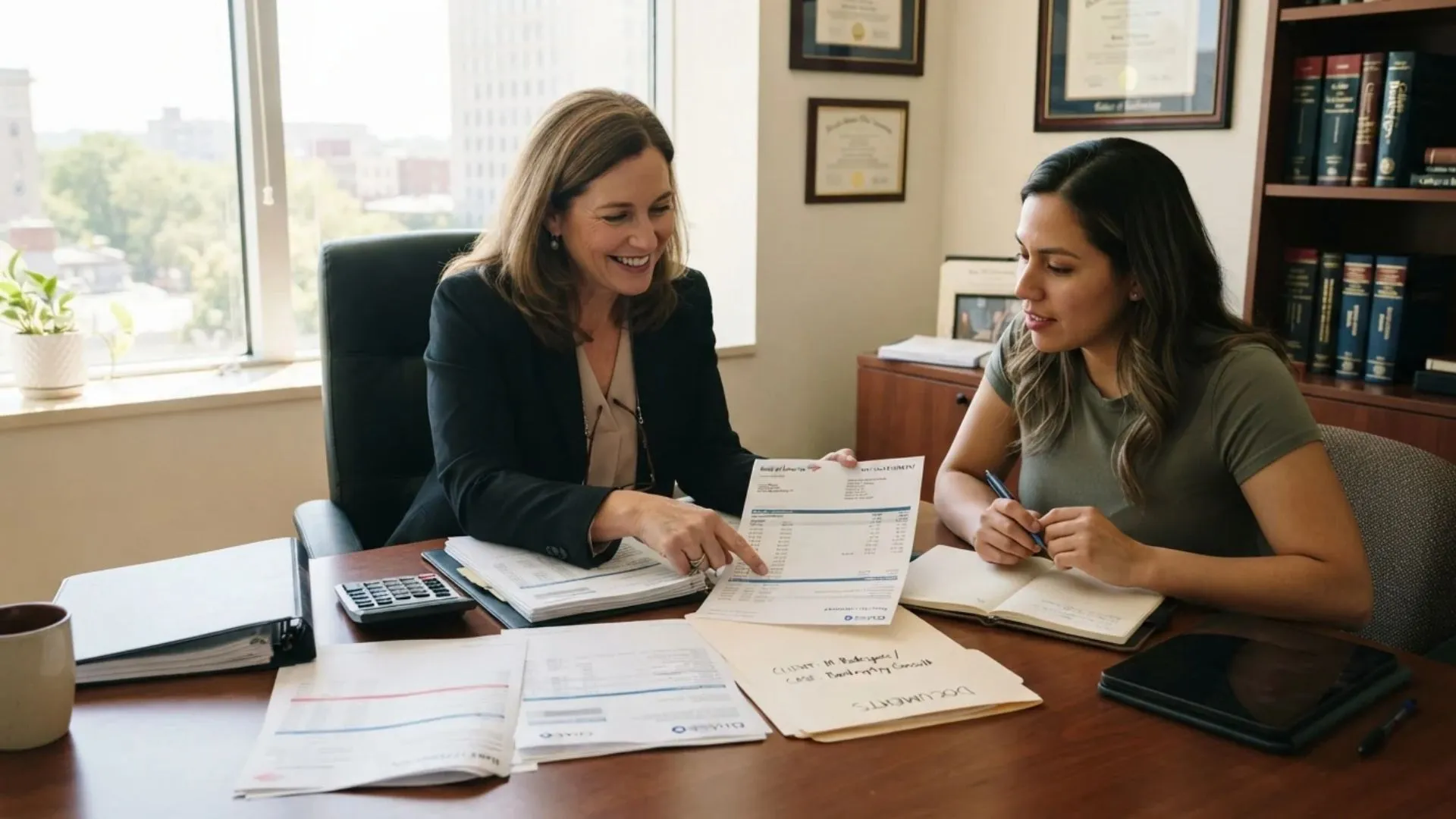 Bankruptcy attorney reviewing credit card statements with a San Diego client at a free consultation