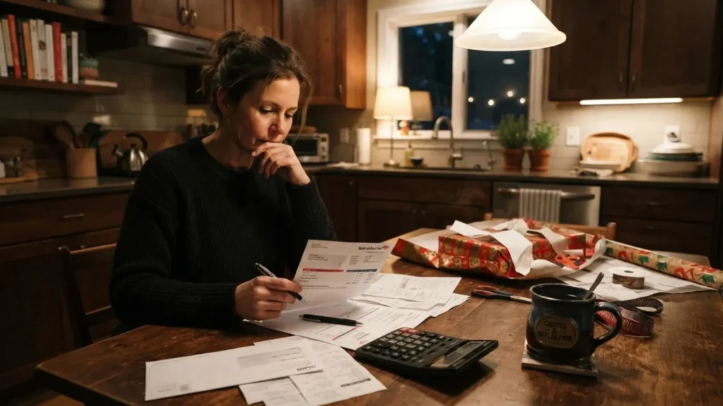 Credit card statements and a calculator on a kitchen table during the holidays in San Diego